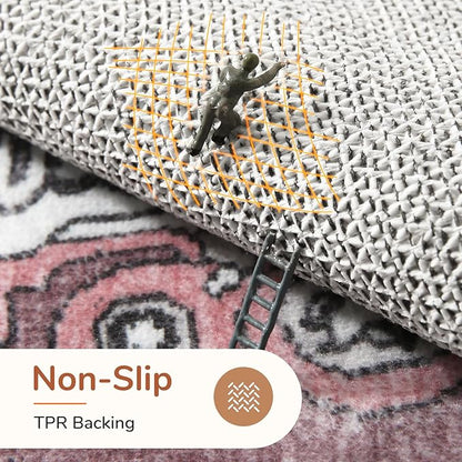 OPPODREAM Thin 6x9 Area Rugs, Washable Rug 6x9 with Non Slip Backing, Faux Cashmere Low-Pile 6 x 9 Carpet, Pink & Cream