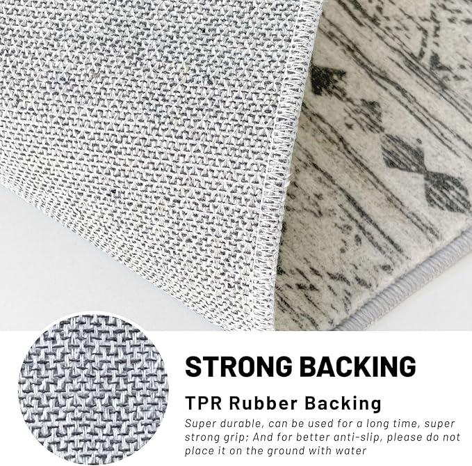KUTA Boho Runners for Hallways 2.6x10 ft Moroccan Washable Runner Rug Non-Slip Vintage Grey Kitchen Rugs Ultra Soft Distressed Geometric Floor Carpet for Bedroom Laundry Living Room
