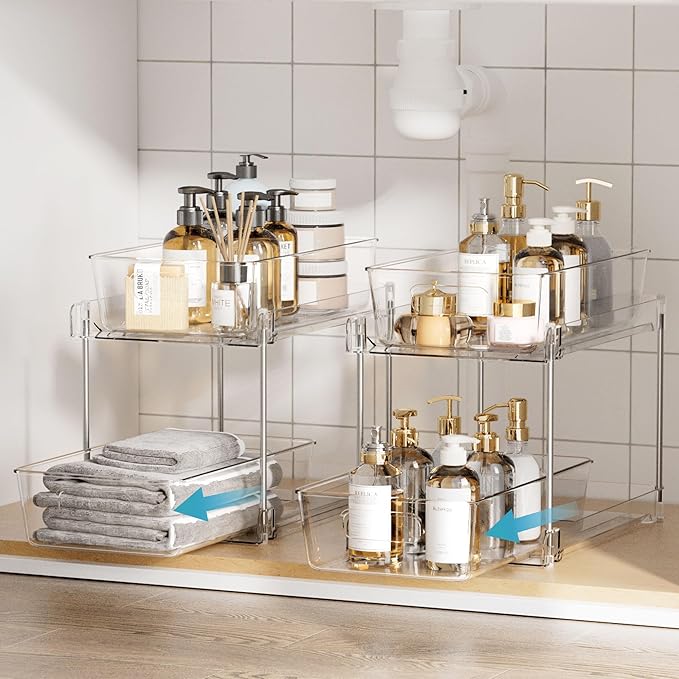 Vtopmart 4 Pack Bathroom Organizer, 2 Tier Clear Under Sink Organizers Vanity - Image 4
