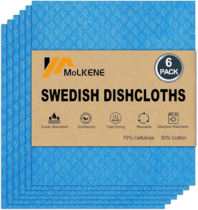 Swedish Dishcloths for Kitchen | 6 Pack Absorbent Cellulose Sponge Cloths by MoLKENE