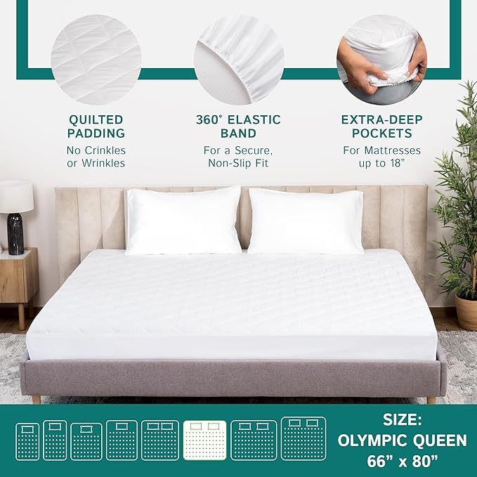 Olympic Queen Size Waterproof Mattress Pad - Fitted Mattress Protector with Quilted Pillow Top Mattress Topper - Premium Quality Hypoallergenic Mattress Cover (66”x80”) Super Queen