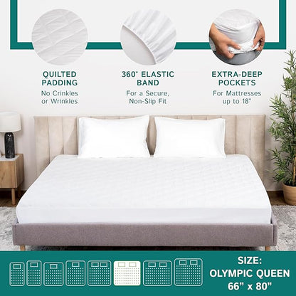 Olympic Queen Size Waterproof Mattress Pad - Fitted Mattress Protector with Quilted Pillow Top Mattress Topper - Premium Quality Hypoallergenic Mattress Cover (66”x80”) Super Queen