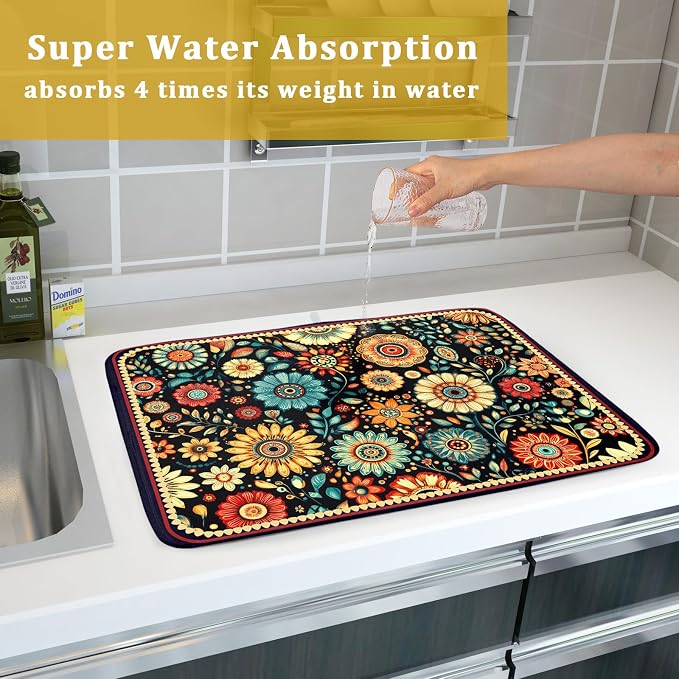 Boho Floral Dish Drying Mat for Kitchen Counter Absorbent Microfiber Flowers - Image 7