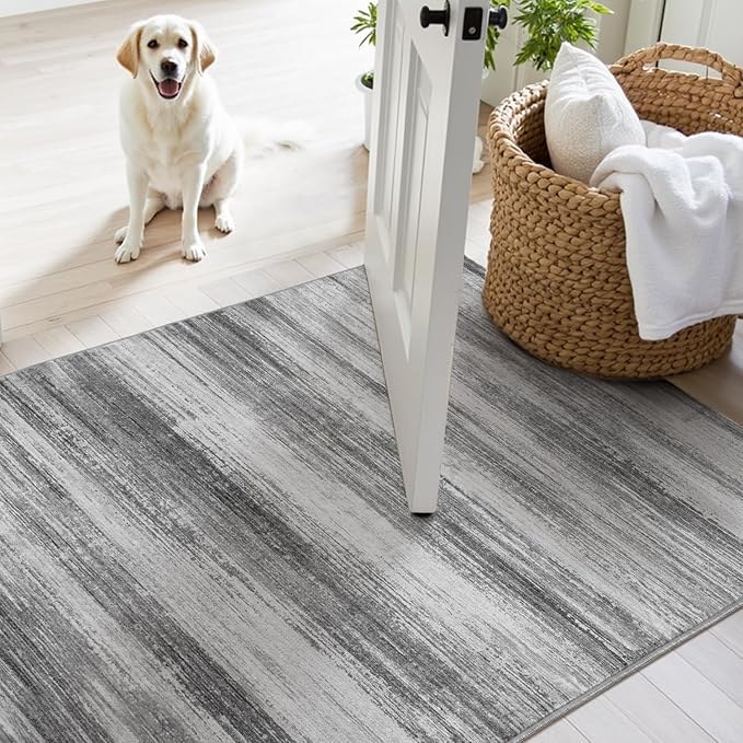 PADOOR Modern Abstract Runner Rug - 2x10 Washable Hallway Rugs, Ultra Soft Non-Slip Low Pile Floor Rugs for Hallway Entryway Kitchen Bedroom Bedside Laundry Room Black