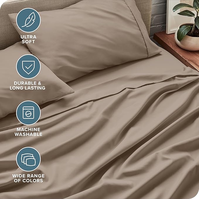 Bare Home Queen Sheet Set - Luxury 1800 Ultra-Soft Microfiber Bed Sheets - Double Brushed - Deep Pockets - Easy Fit - 4 Piece Set - Bedding Sheets & Pillowcases (Queen, Pebble)