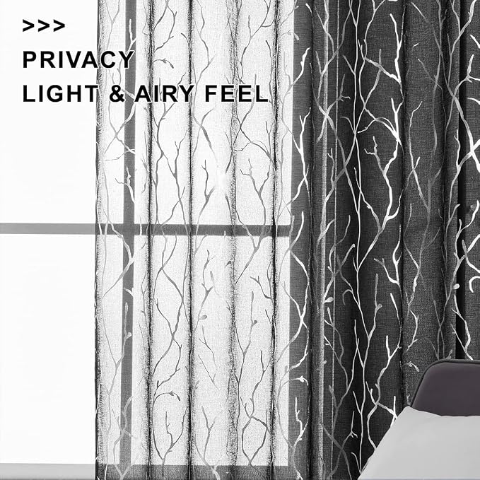 FINECITY Silver Black Sheer Curtains 2 Panels Metallic Silver Foil Tree Branch - Image 3
