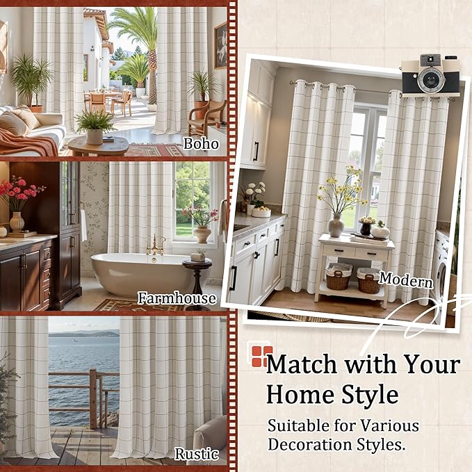Brown Plaid Patterned Curtains Thermal Insulated - 96 Inches Extra Long Total Linen Blackout Curtains for Living Room, Boho Drapery for Farmhouse Bedroom 52x96 Inch 2 Panels