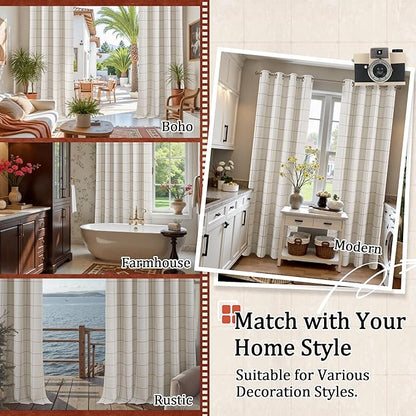 Brown Plaid Patterned Curtains Thermal Insulated - 96 Inches Extra Long Total Linen Blackout Curtains for Living Room, Boho Drapery for Farmhouse Bedroom 52x96 Inch 2 Panels
