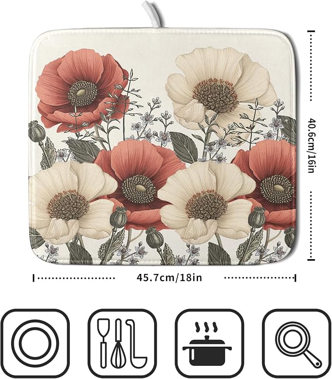 Floral Dish Drying Mat for Kitchen Counter 18x16 Inch Beige Pink Big Flower - Image 4