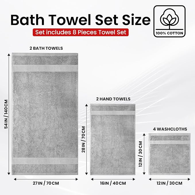 Infinitee Xclusives Luxury 100% Cotton Towel Set – 8 Piece Bathroom Towel Set – - Image 3