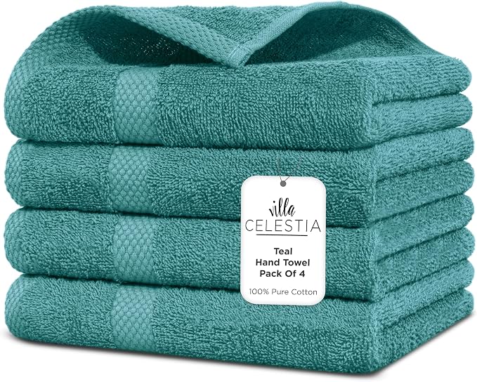 100% Cotton Hand Towel Set of 4, Sustainable, Highly Absorbent, Quick Drying by VillaCelestia