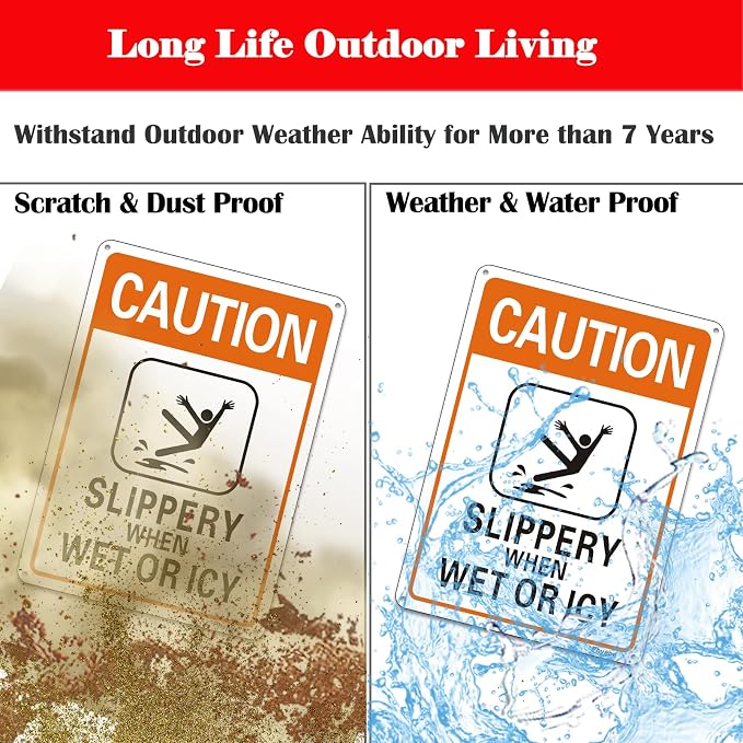 2 Pack Caution Slippery When Wet or Icy Sign, 7” x 10” Metal Rust Free Aluminum - Image 5