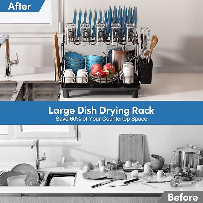 MAJALiS 2 Tier Black Large Stainless Steel Dish Drainers Drying Rack - Image 8