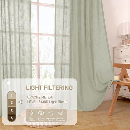 LAMIT Sheer Linen Curtains for Living Room, Back Tab and Rod Pocket Curtains Light Filtering Country Rustic Farmhouse Drapes for Bedroom/Farmhouse, 2 Panels, 52 x 102 Inch, Sage Grey