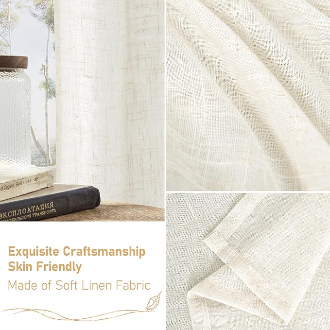 LAMIT 68 inch Length Linen Curtains for Living Room 2 Panels, Linen Textured Light Filtering Semi Sheer Back Tab and Rod Pocket Window Curtain Panels for Bedroom/Farmhouse, Cream, 52 x 68 Inch