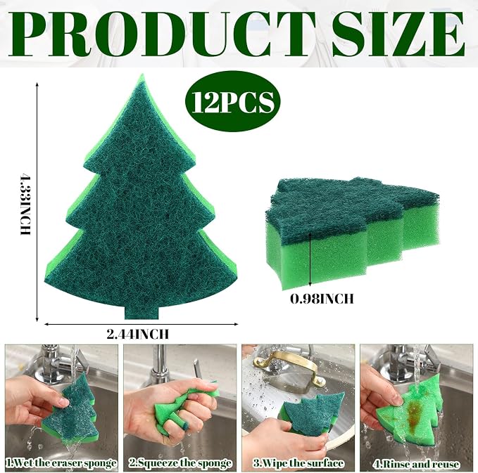 Tioncy 12 Pack Christmas Tree Kitchen Sponges Bulk Dual Sided Scrubber Sponges - Image 3