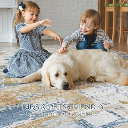 Abstract Living Room Rug 6x9 - Modern Washable Soft Thin Area Rug for Living Room Bedroom Under Dining Table - Neutral Indoor Floor Rug Carpets for Home Office Playroom Nursery - Blue Gold