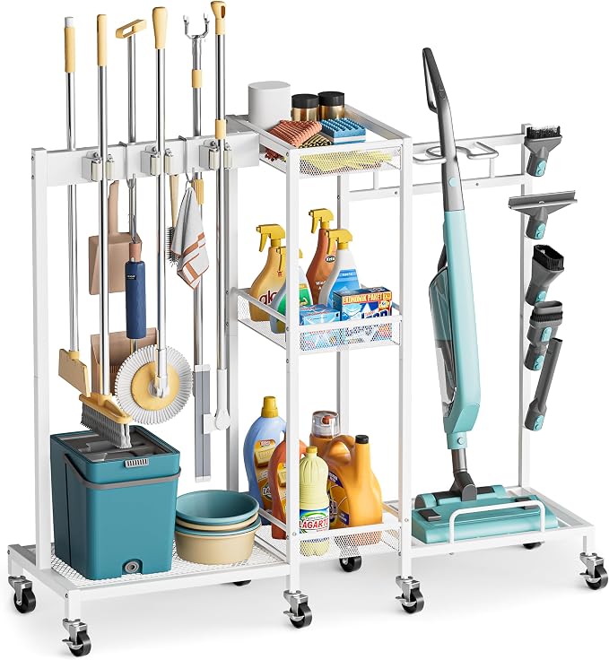 Broom Holder with Cleaning Supplies Organizer, Broom Closet Storage Cabinet by Olakee