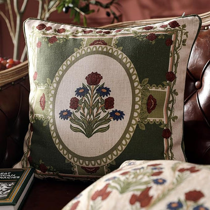 ISAENNE Design Linen Square Throw Pillow Covers 18"x18" Pack of 2, Yellow Green French Cushion Covers with Red Rose Floral Pattern Decoration Pillowcases for Bed, Living Room, Outdoor, Car