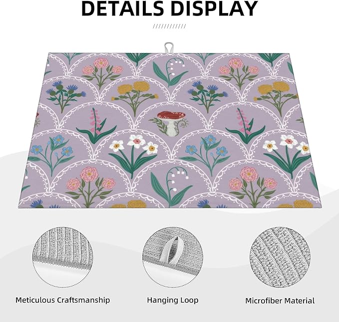 Vintage Flowers Dish Drying Mat 18x24 Inch, Microfiber Absorbent Fast Dry Mat - Image 3