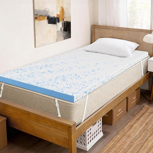 OhGeni 2 Inch Cooling Twin XL Gel Memory Foam Mattress Topper Pad,Washable Bed Cover with Anti-Slip Base,Zipper & Straps,Extra Comfort & Back Pain Relief, Medium Feel,College Dorm Room Essential