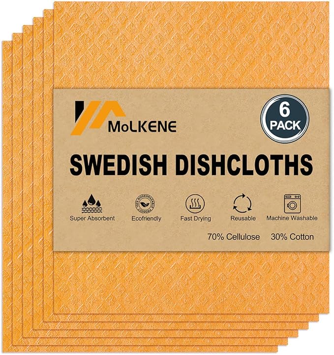 Swedish Dishcloths for Kitchen | 6 Pack Absorbent Cellulose Sponge Cloths by MoLKENE