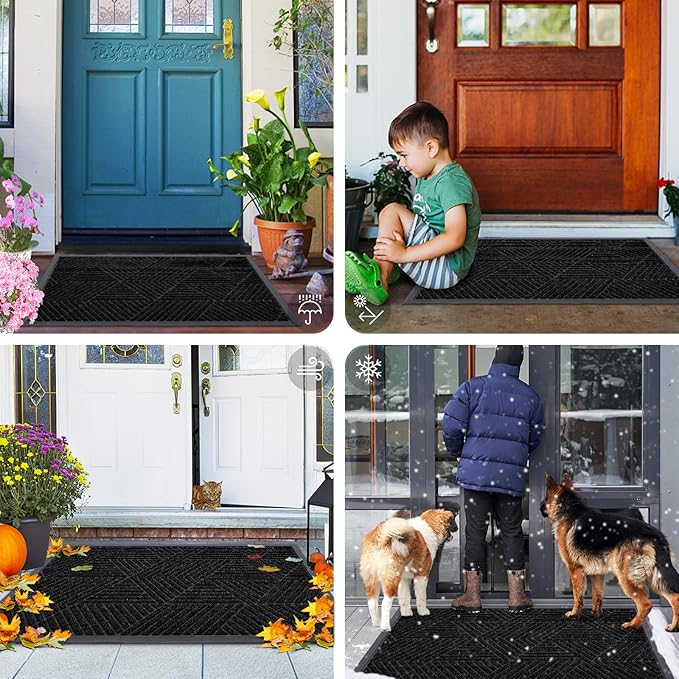 Smiry Front Door Mat Outside Entrance, Heavy Duty Sturdy Natural Rubber Doormat, Trap Dirt and Moisture, Easy Clean Low Profile Mats for Indoor Outdoor Entry, Irregular Triangle (59x24, Black)