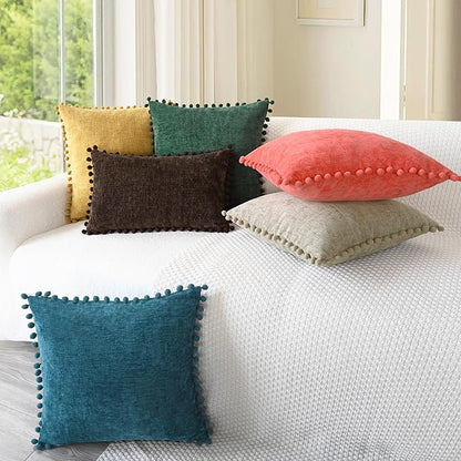 CaliTime Throw Pillow Covers Decorative 16 X 16 Inches Pack of 2 Cozy Solid Dyed Soft Chenille Cushion Cases with Pom Poms for Couch Sofa Bed Living Room Home Taupe