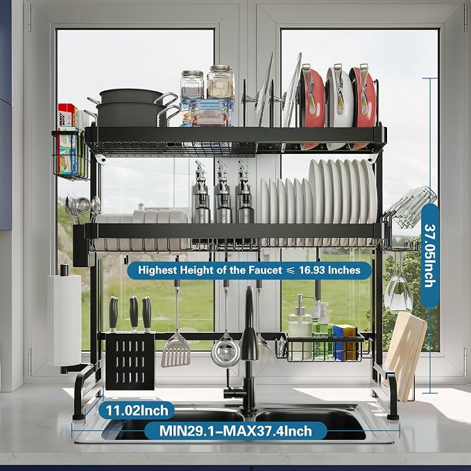 Over The Sink Dish Drying Rack, 3 Tier Adjustable Length Full Stainless Steel - Image 5