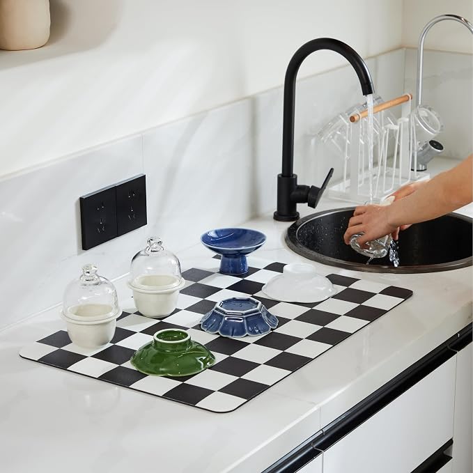 Checkered Dish Drying Mat for Kitchen Counter, Coffee Bar Station Accessories - Image 2