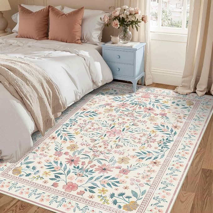 3x5 Rug for Entryway Bedroom, Floral Vintage Retro Boho Throw Rug, Non Slip & - Image 2
