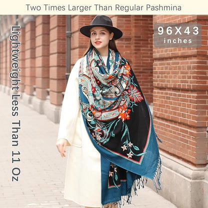 DANA XU 100% Merino Wool Pashmina Shawl for Women 96"x43", Oversized Cashmere Wrap with Tassels, Floral Travel Blanket Cape