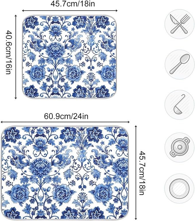 Blue White Porcelain Peony Dish Drying Mat - Image 3
