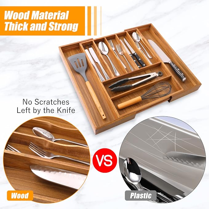 Bellsal Large Premium Acacia Wood Silverware Organizer - Image 5