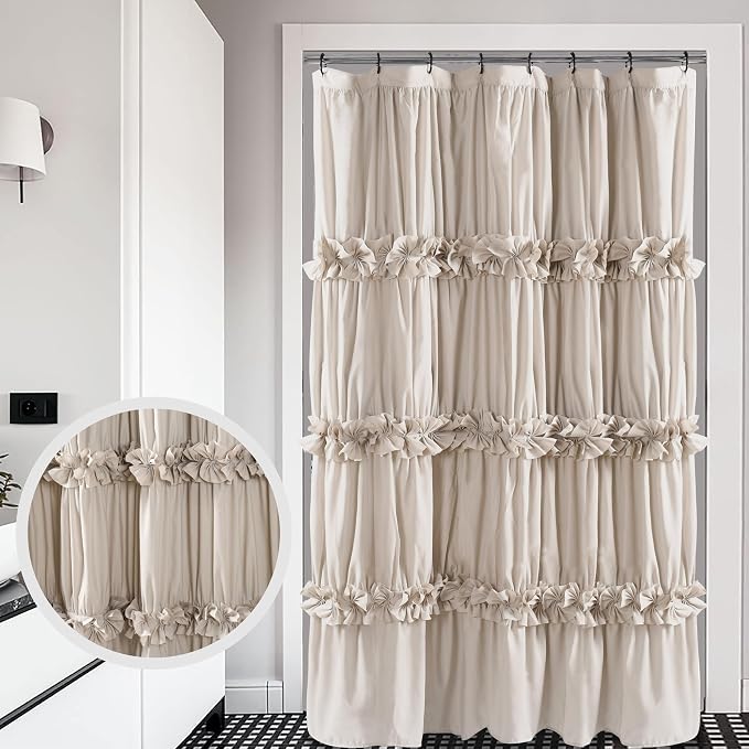 Camel Ruffle Stall Shower Curtain, Vintage Handcrafted Bow Tie Bath Curtain - Image 2