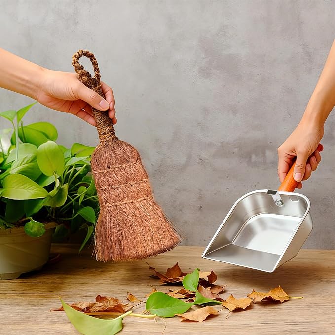Mini Dustpan and Brush Set, Palm Fiber Handheld Small Broom and Metal Dustpan - Image 3