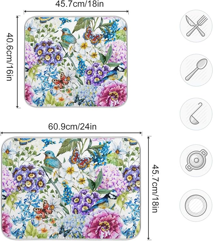 Floral Birds Dish Drying Mat for Kitchen Spring Globe Daisy Butterfly Flowers - Image 3
