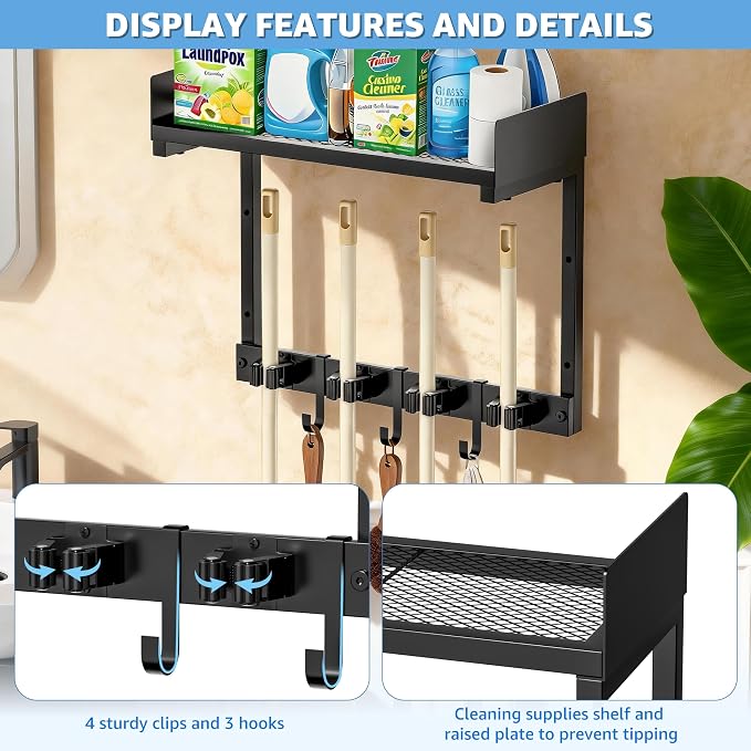 Broom Holder Wall Mount, Heavy Duty Iron Utility Rack - Image 5
