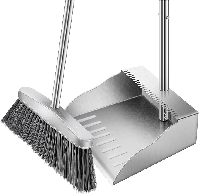Dust Pans with Long Handle, Heavy Duty Metal Dust Pan with Handle, Upright by Hanber
