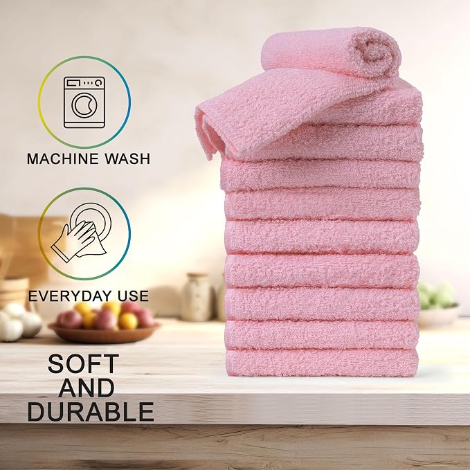 Textila Terry Wash Cloths – Pack of 10, Baby Pink, 12x12 Inches – Soft - Image 3