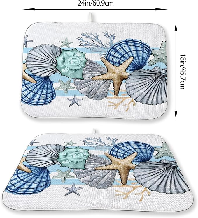 Nautical Coastal Starfish Dish Drying Mats 18x24 Inch Beach Coral Shell Blue - Image 2