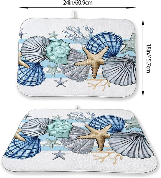 Nautical Coastal Starfish Dish Drying Mats 18x24 Inch Beach Coral Shell Blue - Image 2