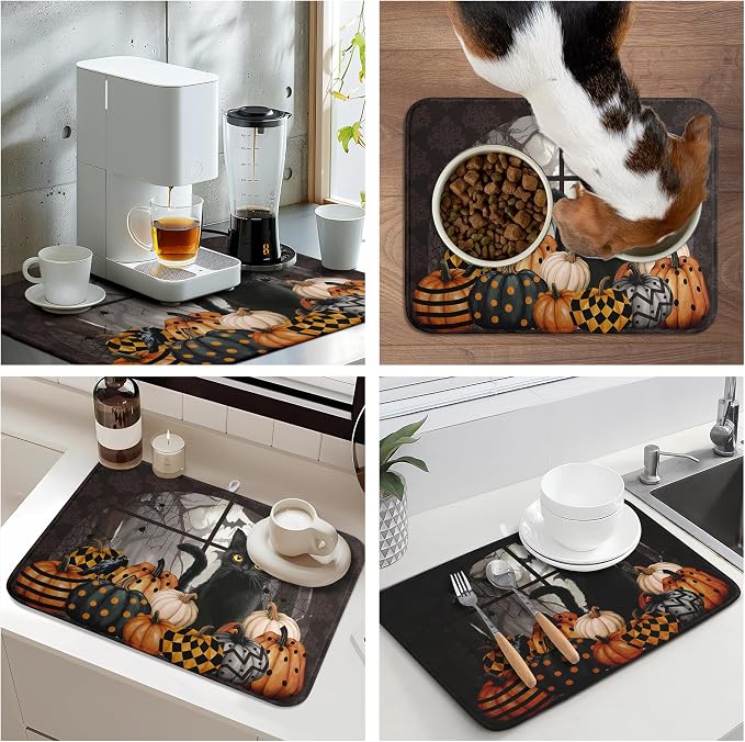 Halloween Black Cat Dish Drying Mat Fall Halloween Pumpkins Large Kitchen Mats - Image 7