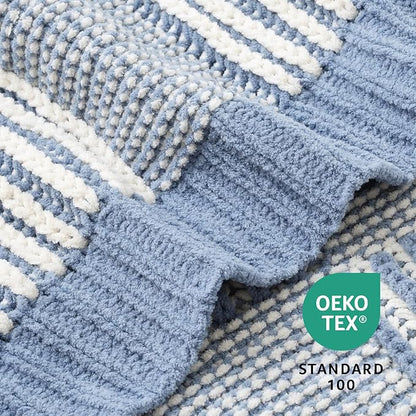 Amélie Home Checkered Knit Throw Blanket for Couch, Chenille Texture Decorative Soft Blanket for Sofa & Chair, 50"x60", Blue & White