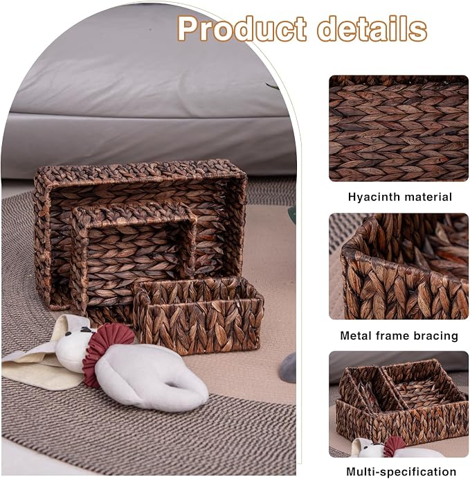 Handwoven Wicker Storage Baskets Set, Natural water hyacinth & Iron Frame | - Image 6