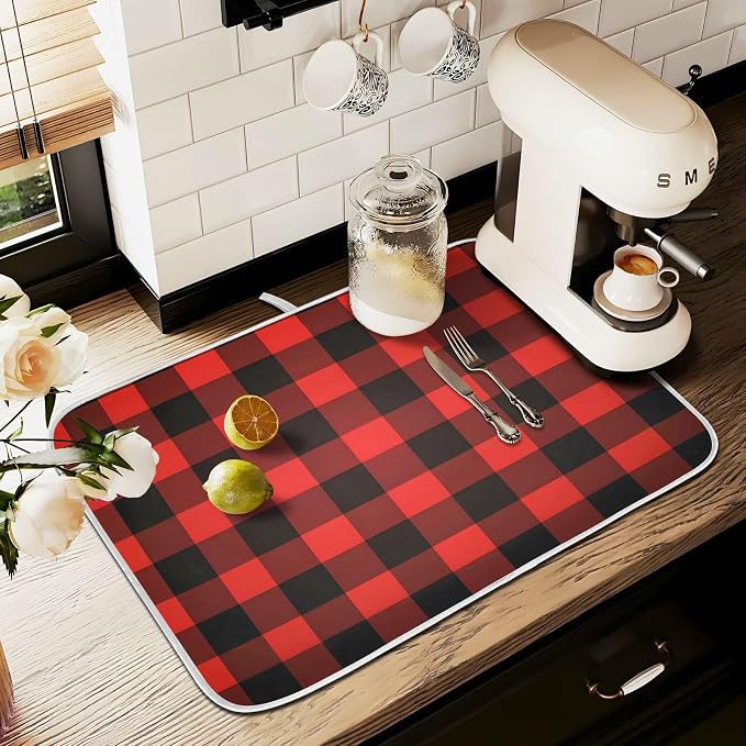Christmas Red Black Buffalo Plaid Dish Drying Mat - Image 8