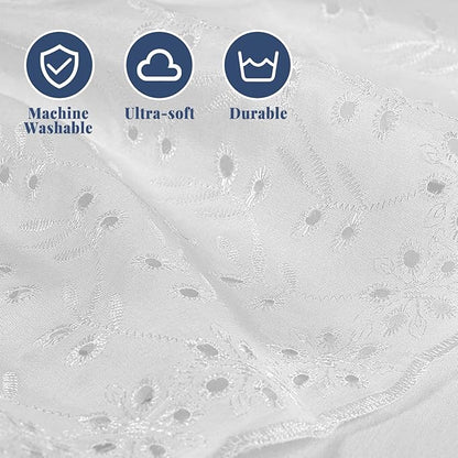 King Bed Skirt, Wrap-Around Elastic Ruffled Eyelet Bed Skirt King Size Dust Ruffle with Gathered Styling and Embroidered Details, 18" Drop Length (White)