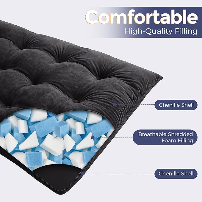 MAXYOYO Japanese Floor Mattress Queen Size, 6" Foldable Futon Mattress Tufted Roll Up Floor Bed, Thick Chenille Tatami Mat Sleeping Pad for Camping Guest Room Dormitory Bedroom RV, Black