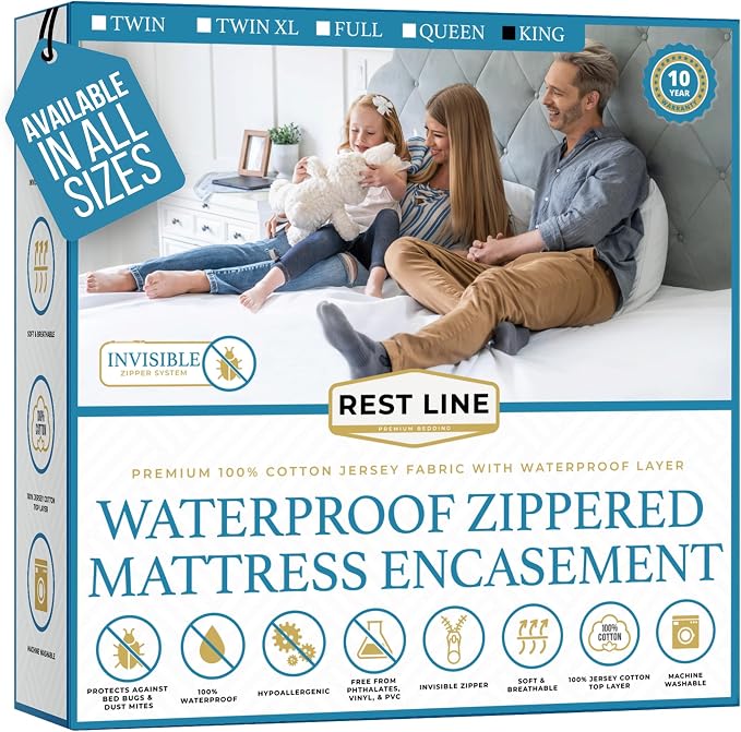 King Size 78x80” Premium Waterproof Zippered Mattress Encasement, 100% Cotton by RestLine