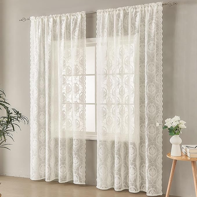 Ivory Vintage Country Floral Lace Sheer Curtains 63 Inches Long -Rod Pocket Light Filtering French Privacy Scalloped Edges Rod Pocket Boho Bedroom ，52 x 63 Inch, 2 Panels